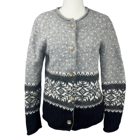Eddie Bauer Vintage Gray Black Fair Isle Nordic Wool Cardigan Sweater S - Picture 1 of 14
